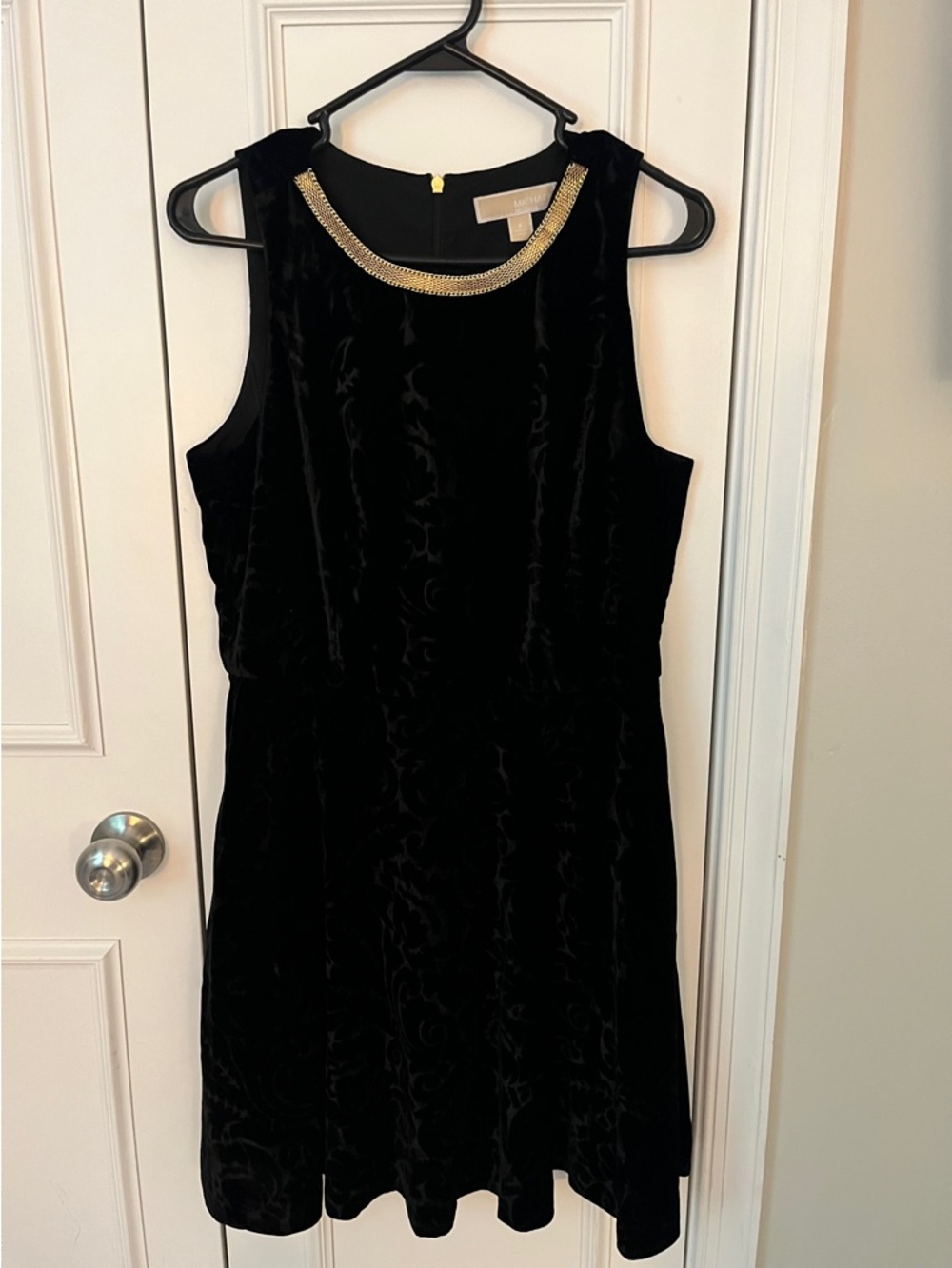 Black Velvet Sleeveless Dress with Gold Chain Trim